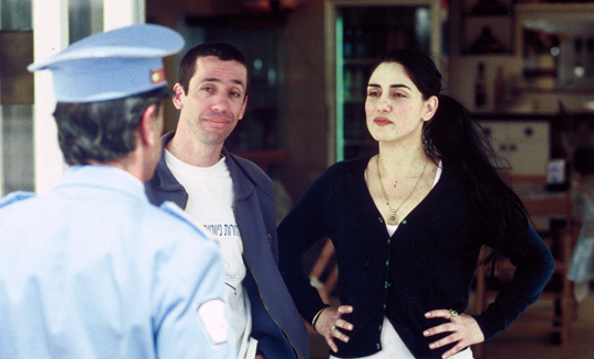 Sasson Gabai as Tewfiq, left,
Rubi Moscovitz as Itzik
Ronit Elkabetz as Dina
Photo: July August Productions/Sony Pictures Classics