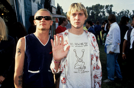 Flea (L) from Red Hot Chili Peppers &
Nirvana's Kurt Cobain, wearing a T-shirt with a Daniel Johnston design
in THE DEVIL AND DANIEL JOHNSTON
Photo: Kevin Mazur/London Features