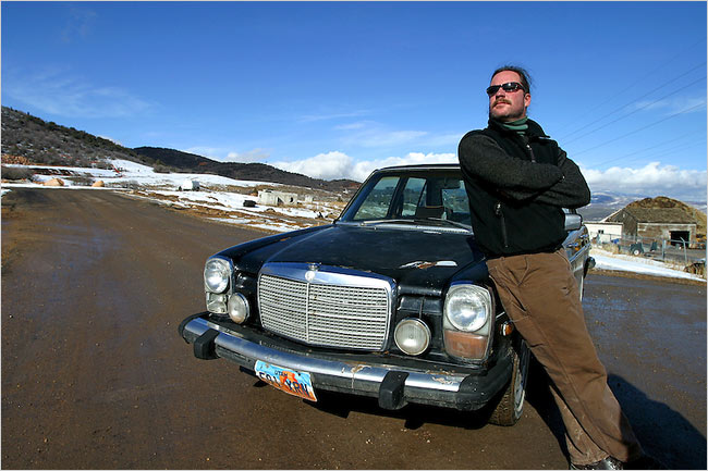 Snow groomer Bish Neuhouser and his bio-diesel-fueled vehicle
Photo: City Lights Pictures