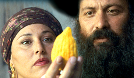 Malli (Michal Bat Sheva Rand) &
Moshe (Shuli Rand) with the 
perfectly-shaped etrog
in USHPIZIN
Photo: Picturehouse